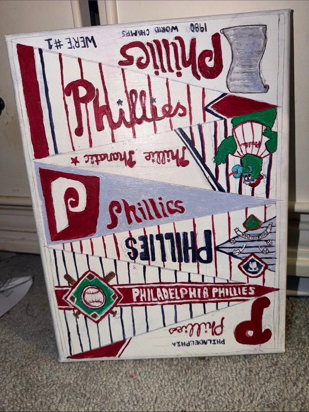 Philadelphia Phillies Red & White Fan Art Canvas Hand painted by Bayleigh London